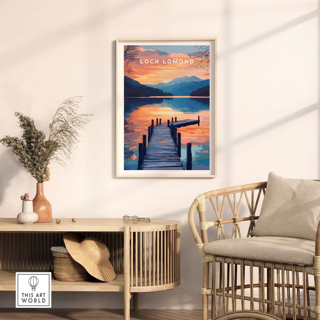 Loch Lomond travel print showcasing serene waterfront scenery in a stylish interior setting. Perfect for art lovers and travelers.