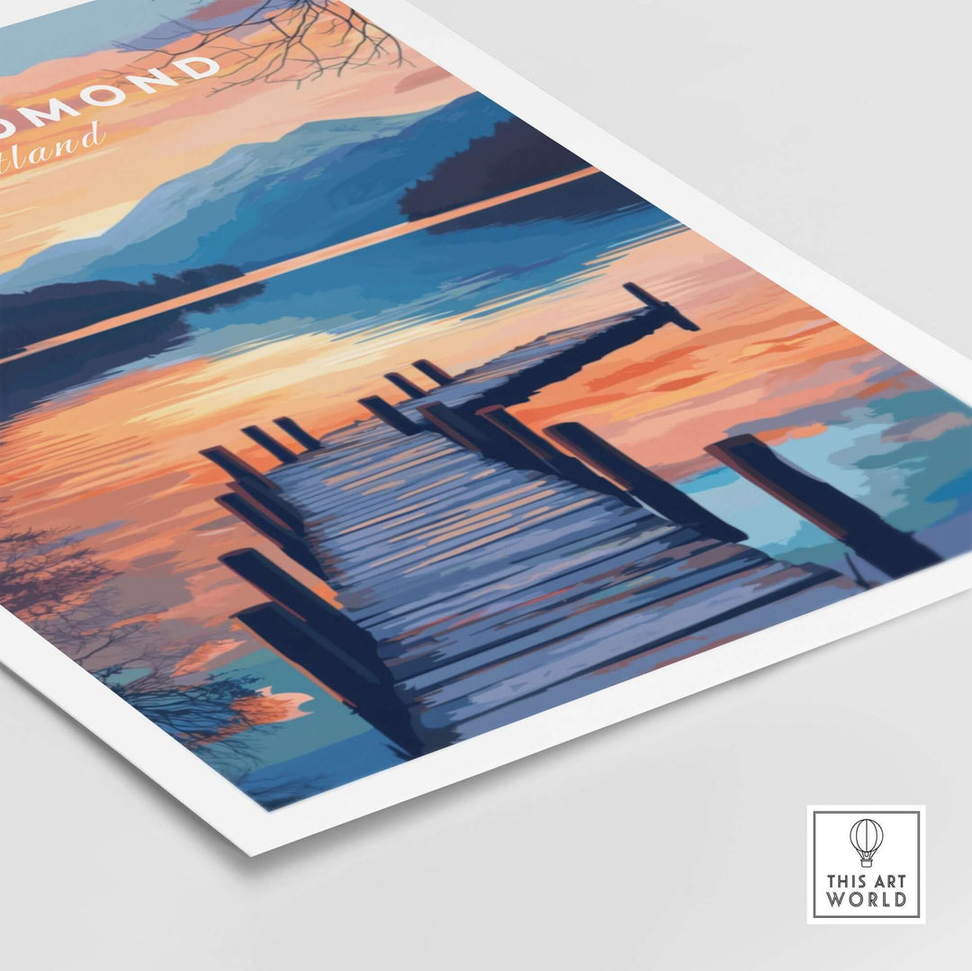 Loch Lomond travel print featuring a serene lakeside dock at sunset, highlighting the beauty of the Scottish Highlands.