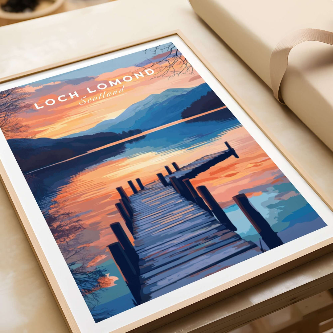 Loch Lomond travel print featuring a scenic sunset over a tranquil lake and wooden dock, perfect for home decor.