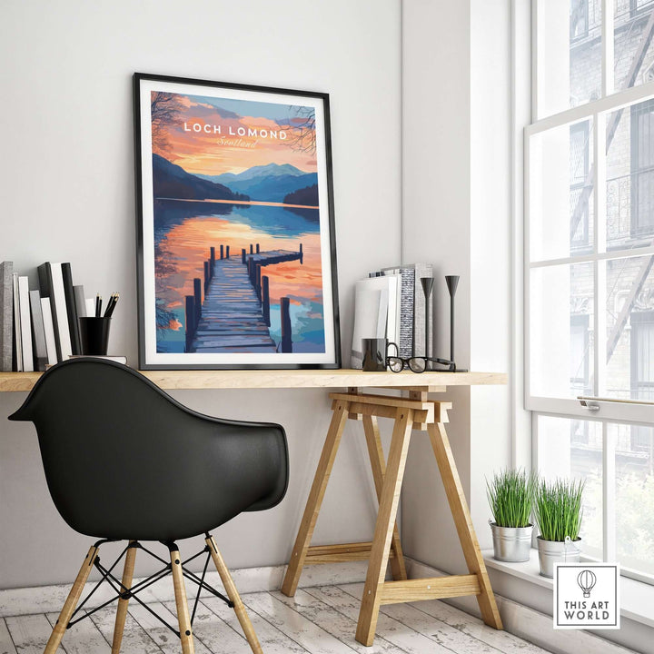 Loch Lomond travel print showcased in a stylish interior, highlighting the serene lake and vibrant sunset colors.