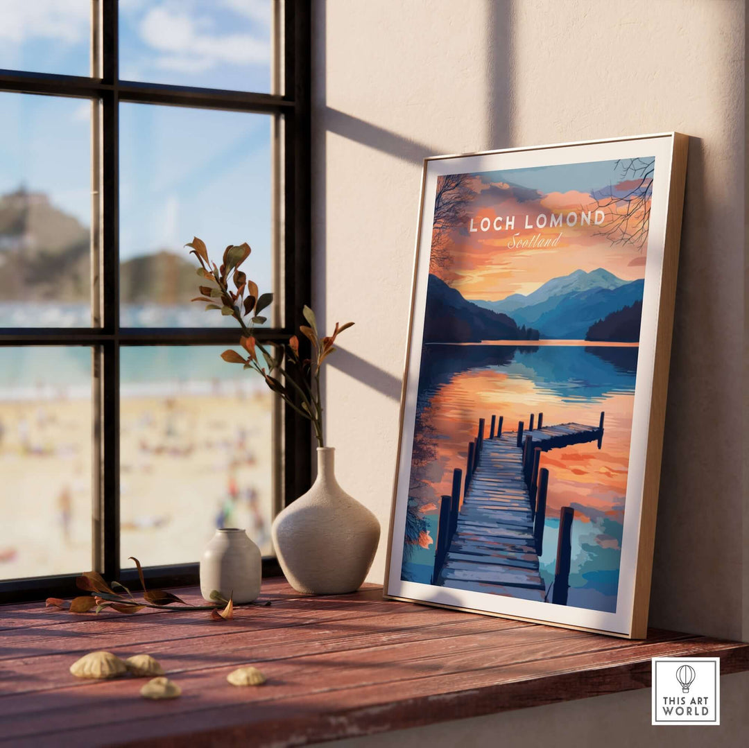 Loch Lomond travel print displayed in a sunlit room, featuring serene waters and mountains of the Scottish Highlands.