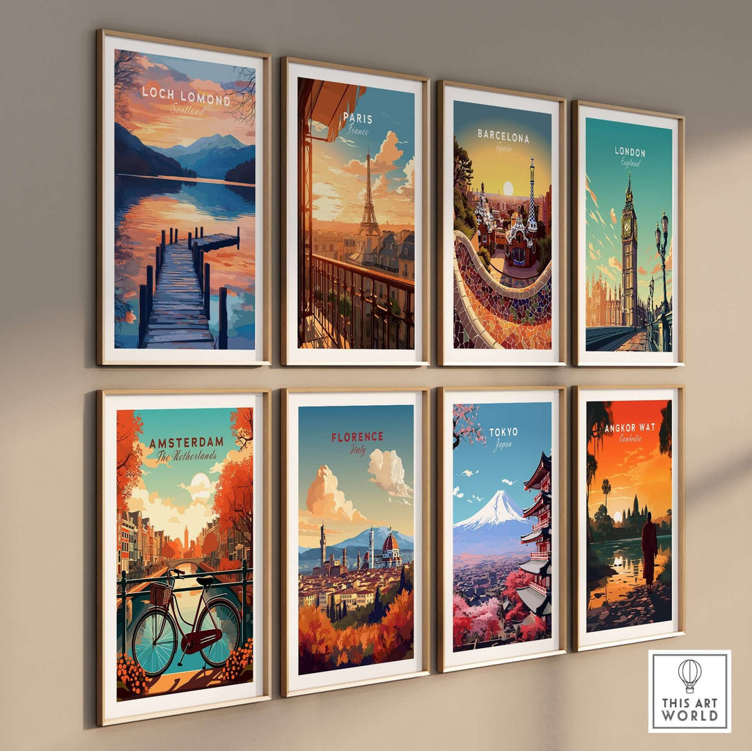 A collection of travel prints featuring Loch Lomond, Paris, Barcelona, London, Amsterdam, Florence, Tokyo, and Angkor Wat.