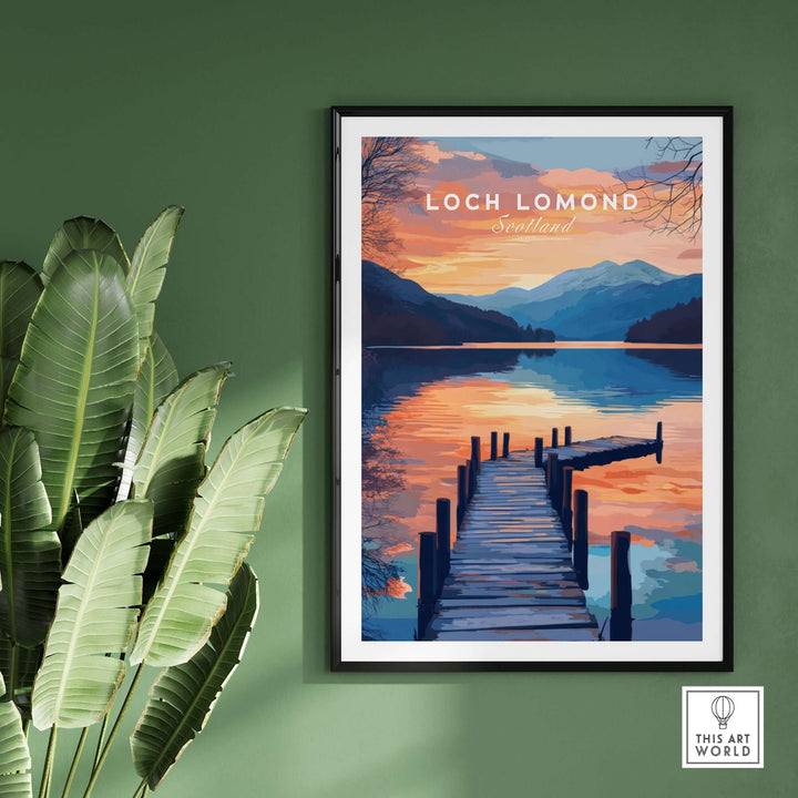 Loch Lomond travel print showcasing serene lakeside scenery and colorful sunset, perfect for art lovers and travelers.