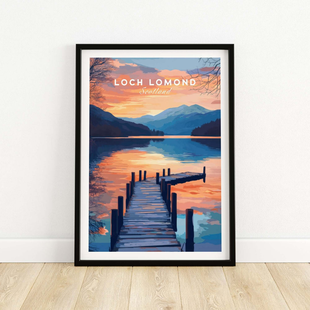 Loch Lomond travel print featuring serene waters and a wooden dock, capturing the beauty of Scotland's Highlands.