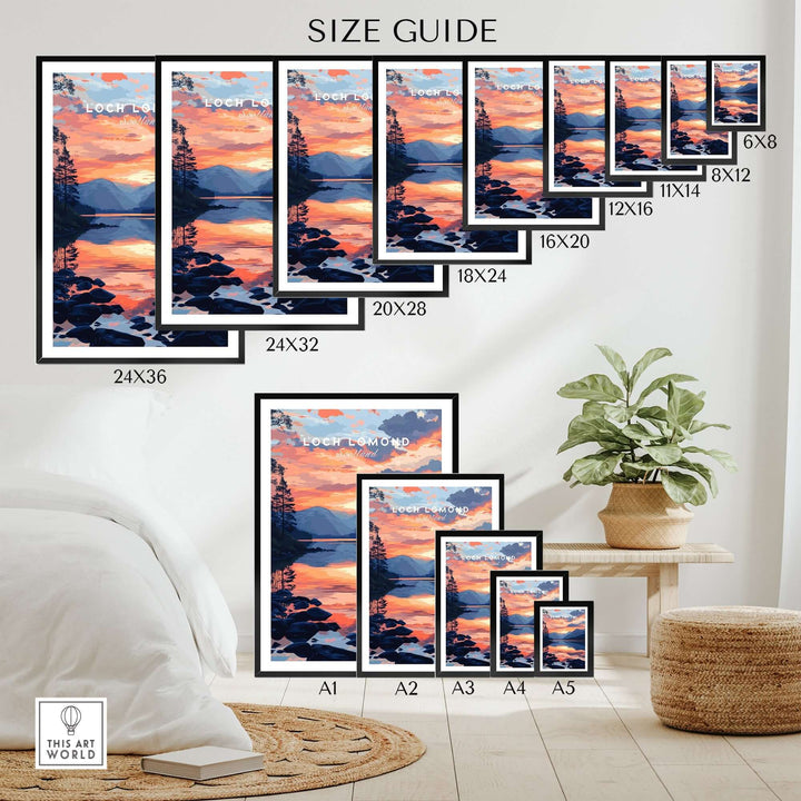 Size guide for Loch Lomond wall art prints in various dimensions, displayed in a stylish living room setting.