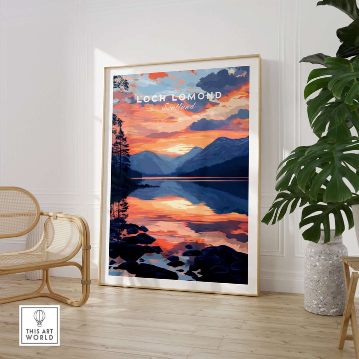 Loch Lomond wall art featuring vibrant sunset scenery reflecting on the tranquil lake, perfect for home decor.