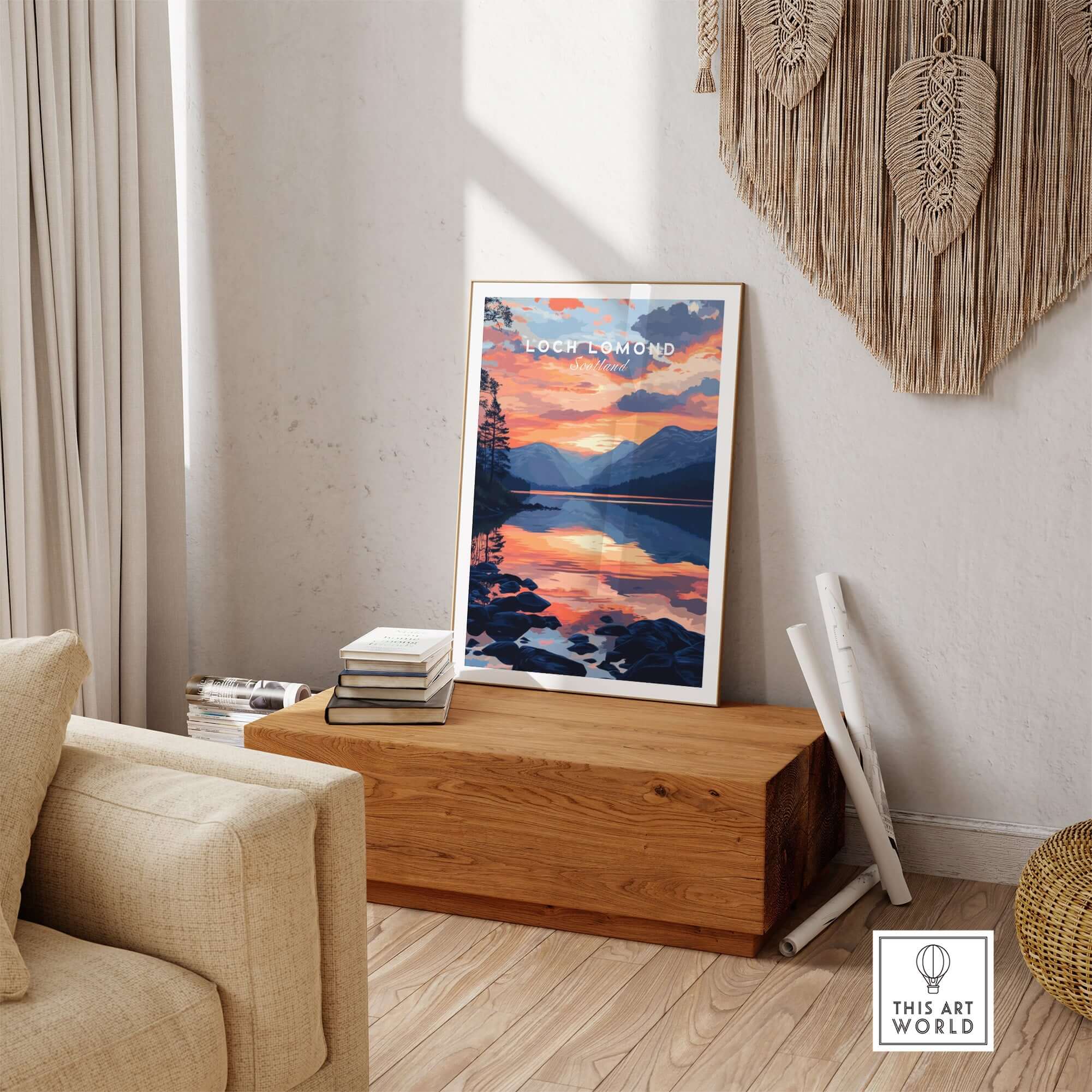 Loch Lomond Wall Art displayed in a cozy living room, showcasing vibrant colors and serene lake scenery.