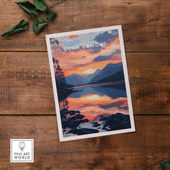 Loch Lomond Wall Art featuring stunning sunset over the lake with vibrant reflections and serene mountains.