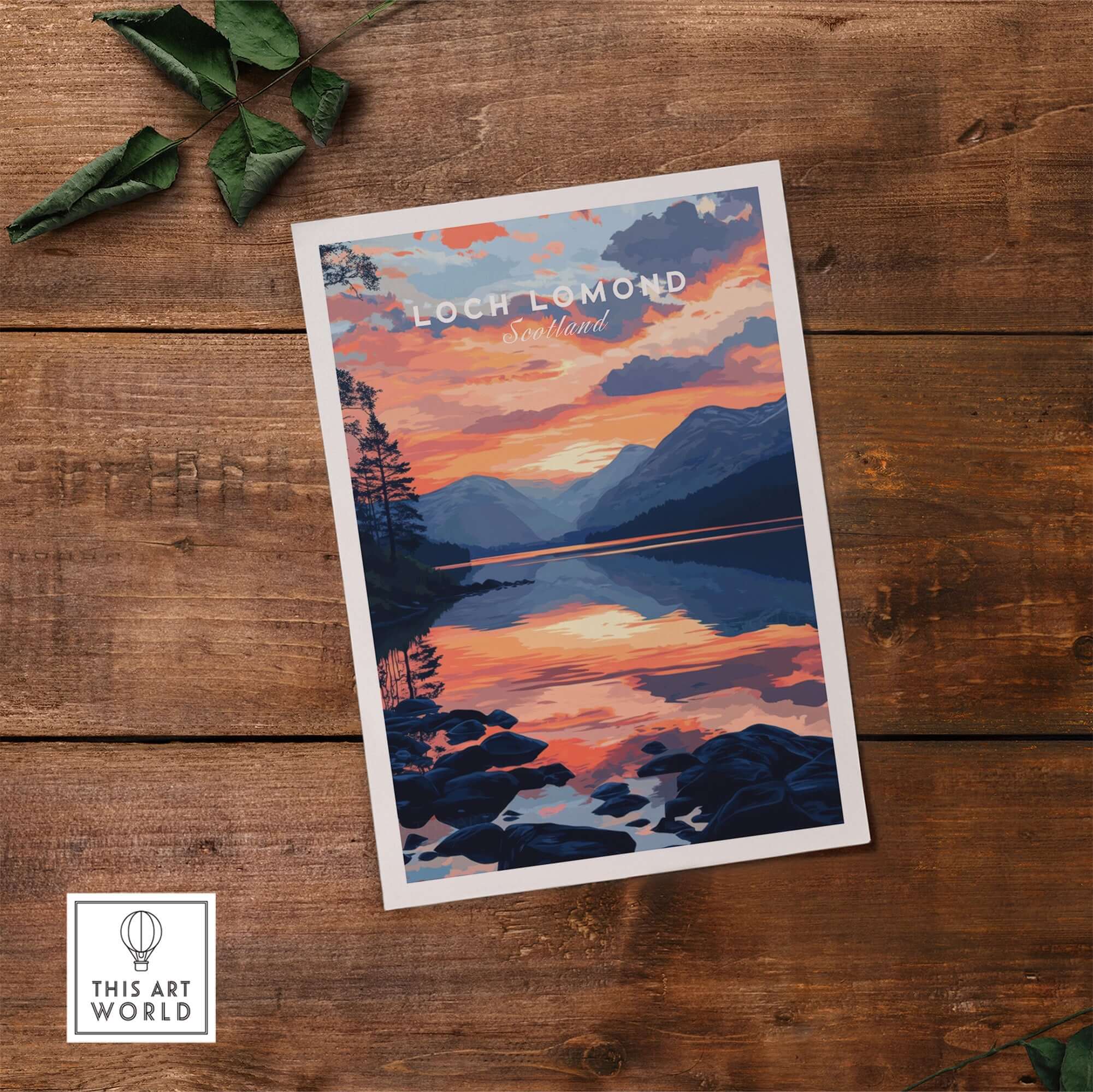 Loch Lomond Wall Art featuring stunning sunset over the lake with vibrant reflections and serene mountains.