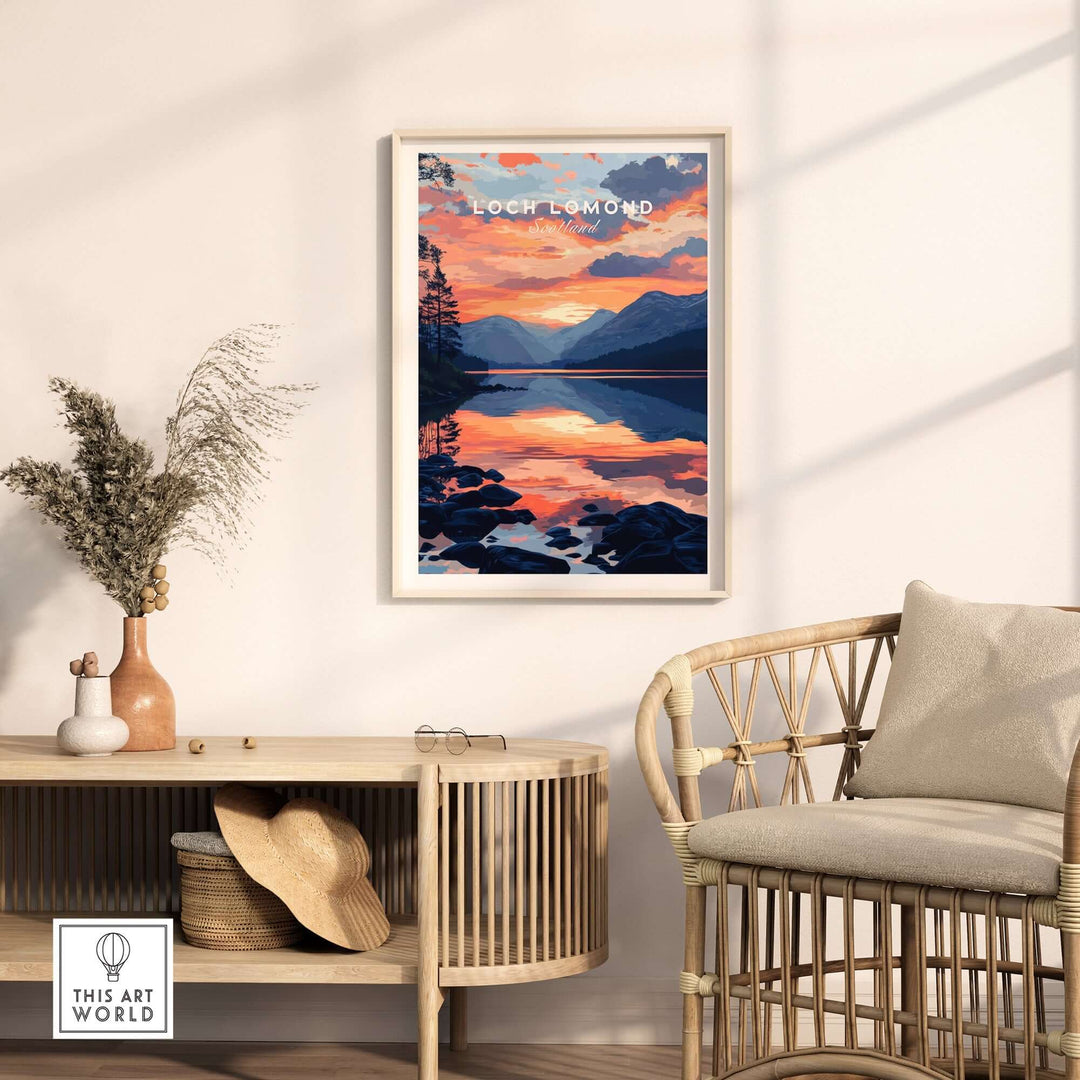 Loch Lomond wall art in a modern interior, showcasing vibrant colors and serene lake reflections.