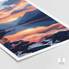 Loch Lomond Wall Art showcasing vibrant colors and serene landscape of Loch Lomond during sunset.