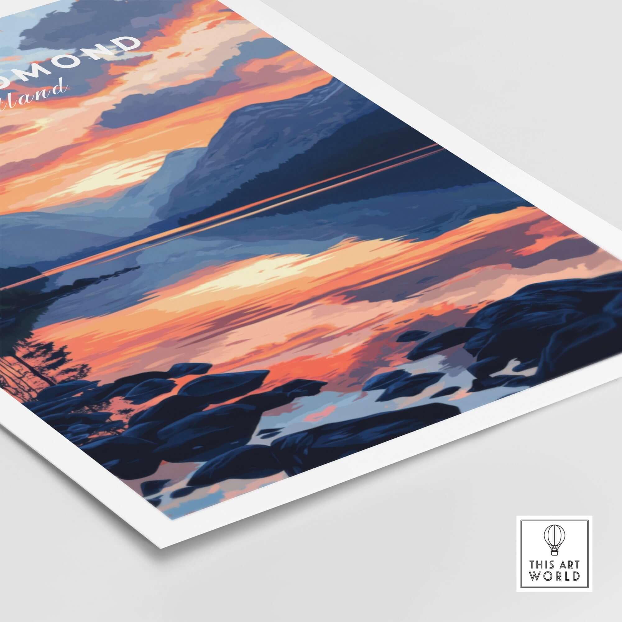 Loch Lomond Wall Art showcasing vibrant colors and serene landscape of Loch Lomond during sunset.