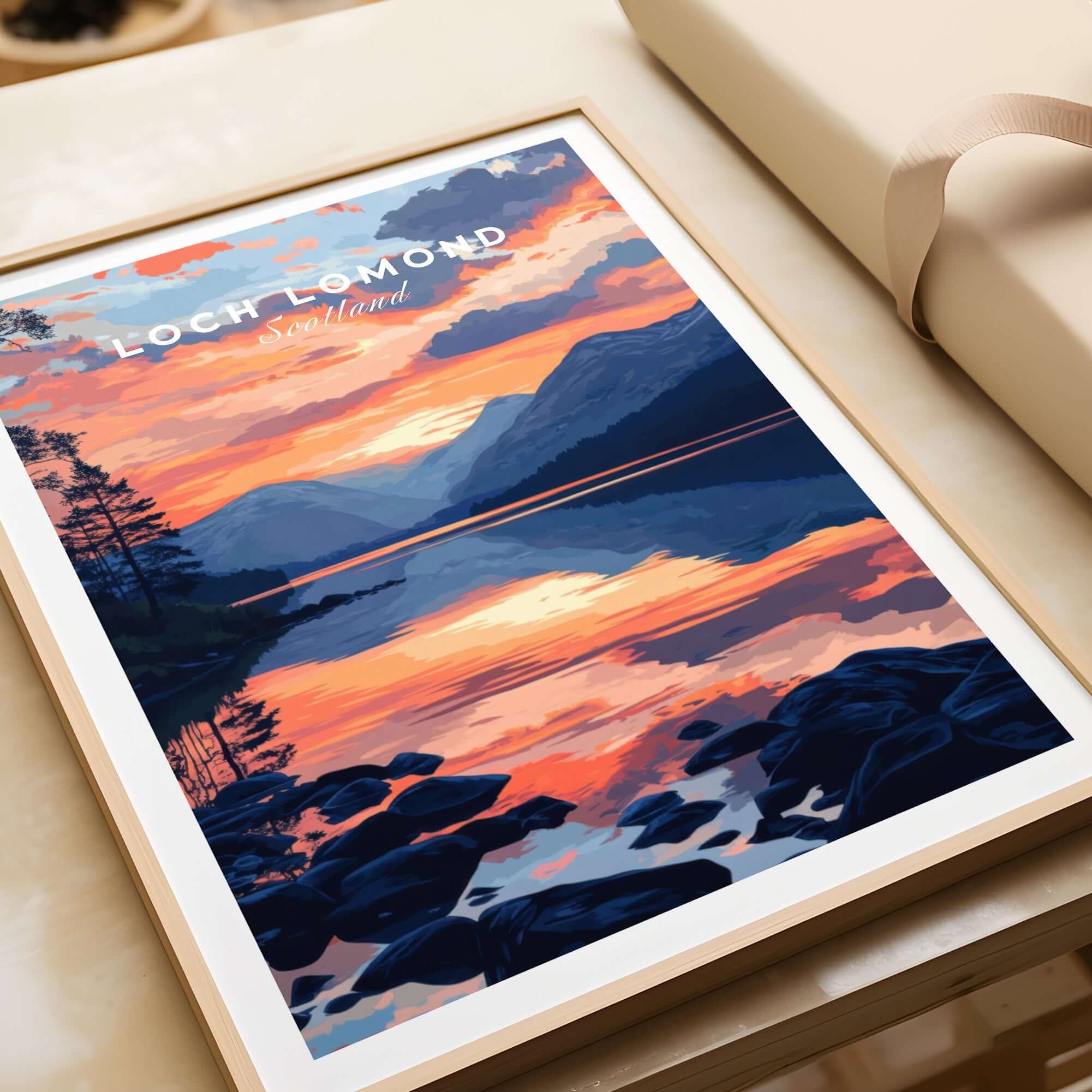 Loch Lomond Wall Art featuring a vibrant sunset reflection over the iconic lake, perfect for home decor.