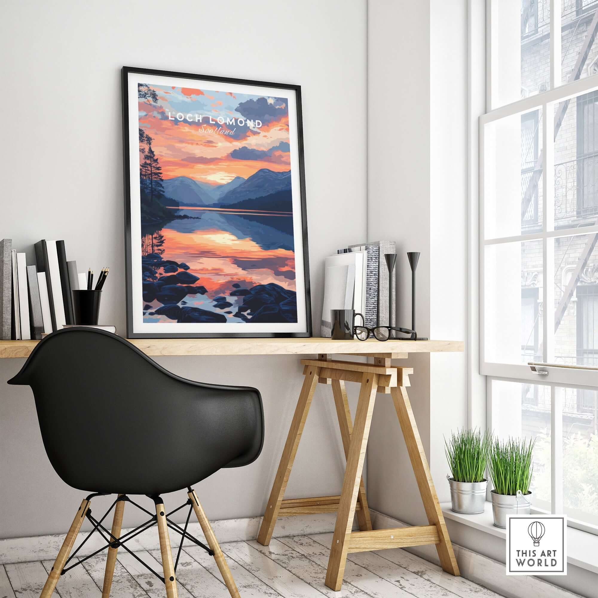 Loch Lomond Wall Art showcasing vibrant sunset colors and serene lake details in a stylish interior setting.