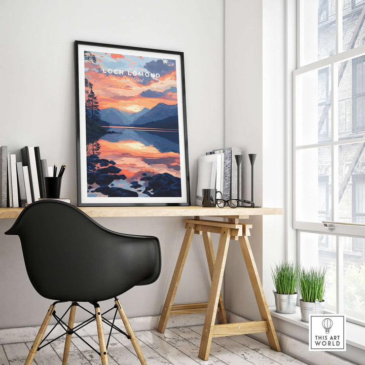 Loch Lomond wall art displayed in a stylish home office, showcasing vibrant colors and serene lake scenery.