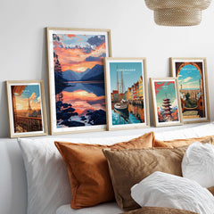 Loch Lomond Wall Art displayed among vibrant cityscape prints on a stylish bedroom wall.