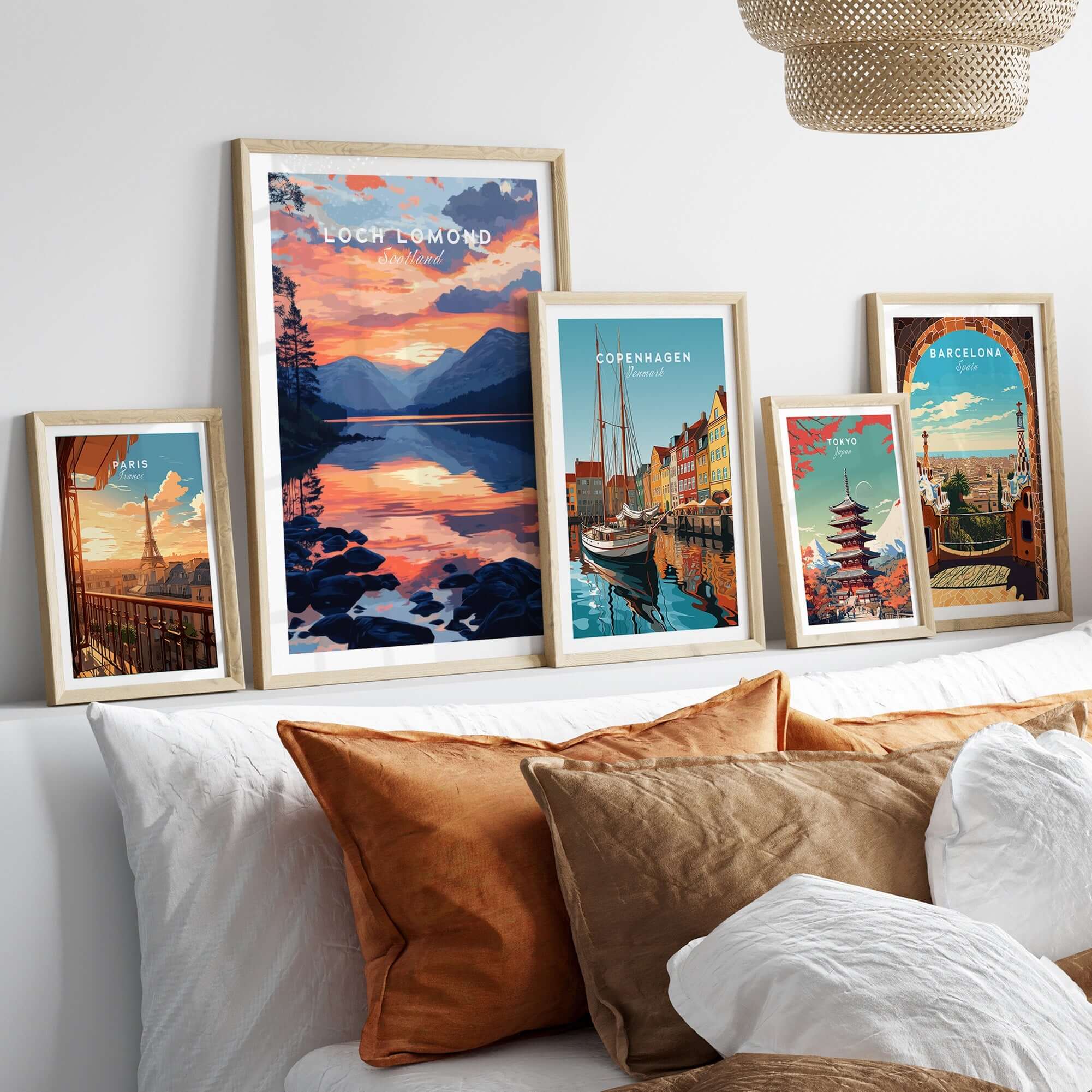 Loch Lomond Wall Art displayed among vibrant cityscape prints on a stylish bedroom wall.