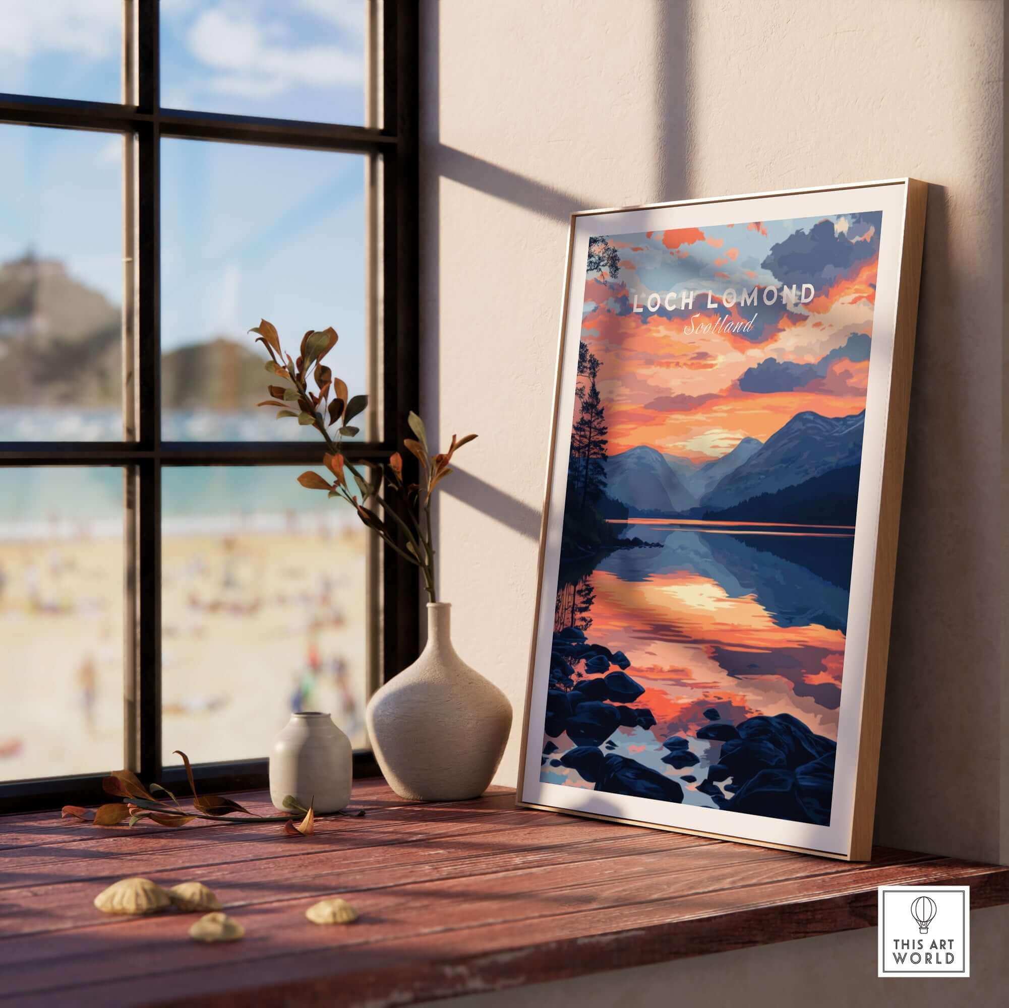 Loch Lomond Wall Art displayed on a windowsill, capturing Scotland's stunning lakeside sunset view.