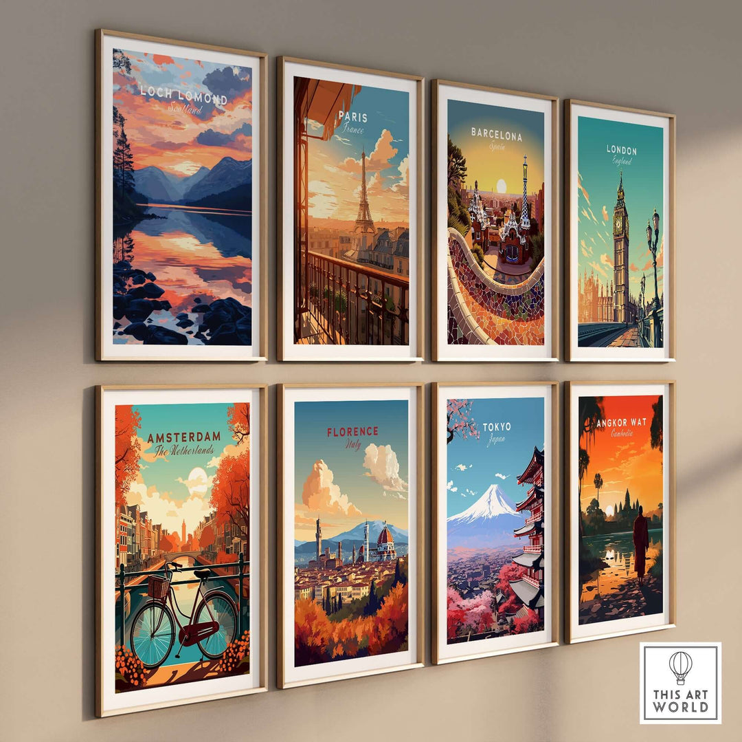 A collection of vibrant city-themed wall art prints including Loch Lomond, Paris, Barcelona, London, Amsterdam, Florence, Tokyo, and more.