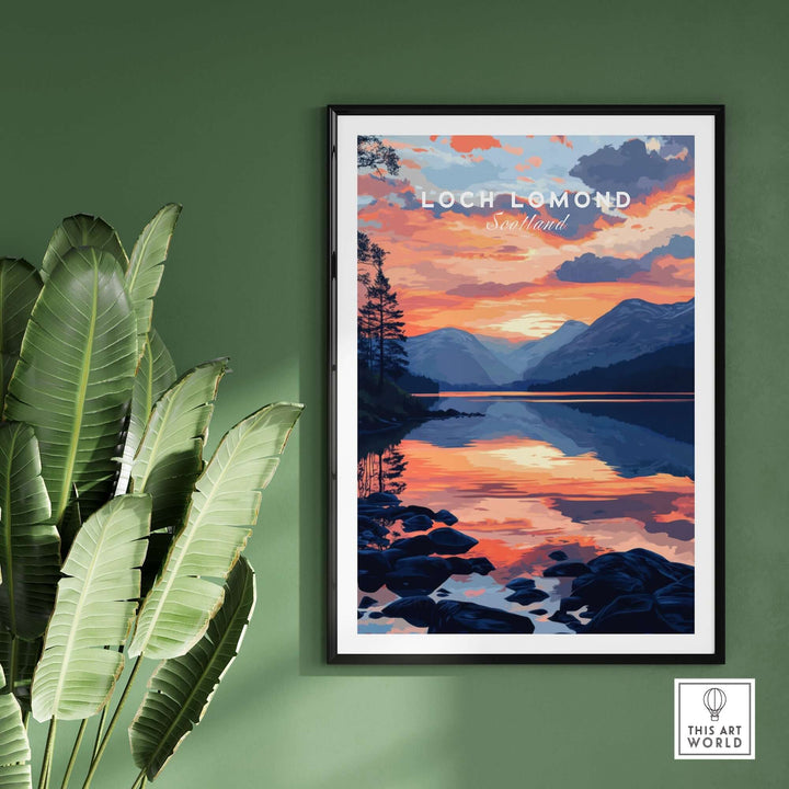 Loch Lomond wall art print featuring vibrant sunset colors and serene lake reflections in a modern home setting.