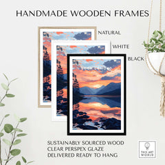 Loch Lomond Wall Art displayed in three handmade wooden frames: natural, white, and black.