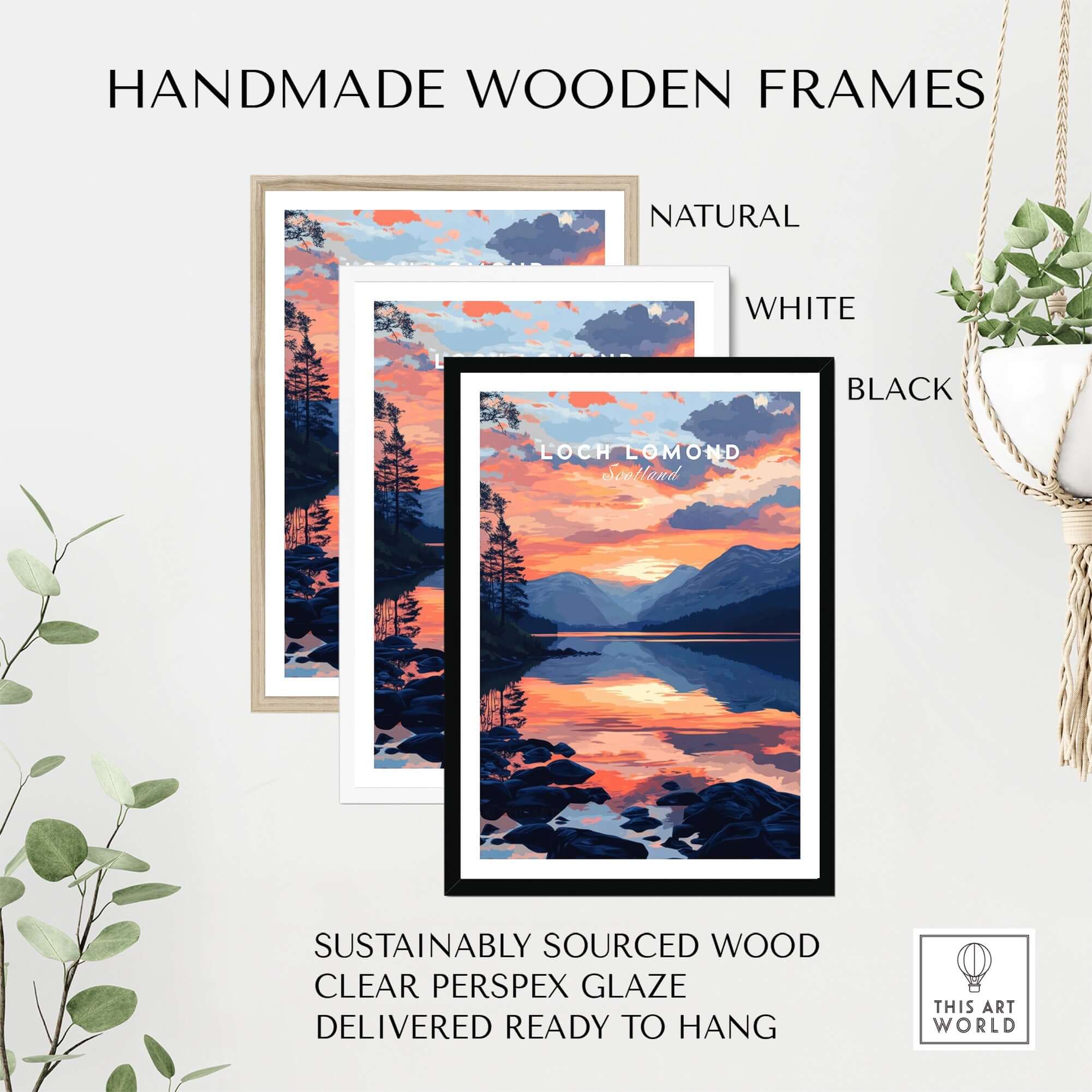 Loch Lomond Wall Art displayed in three handmade wooden frames: natural, white, and black.