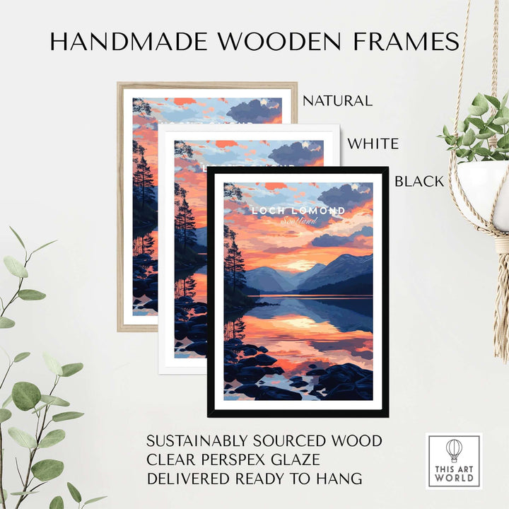 Loch Lomond wall art in handmade wooden frames: natural, white, and black options, featuring vibrant colors and serene landscape.