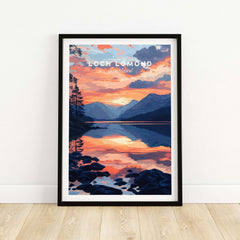 Loch Lomond Wall Art featuring a vibrant sunset reflection over the iconic lake in Scotland.
