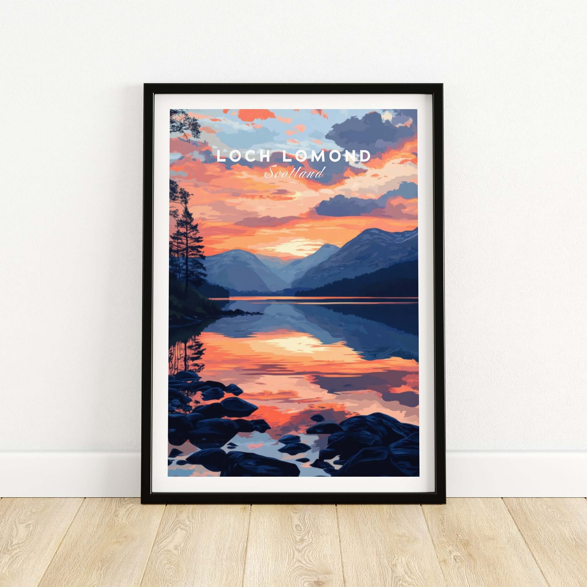 Loch Lomond Wall Art featuring a vibrant sunset reflection over the iconic lake in Scotland.