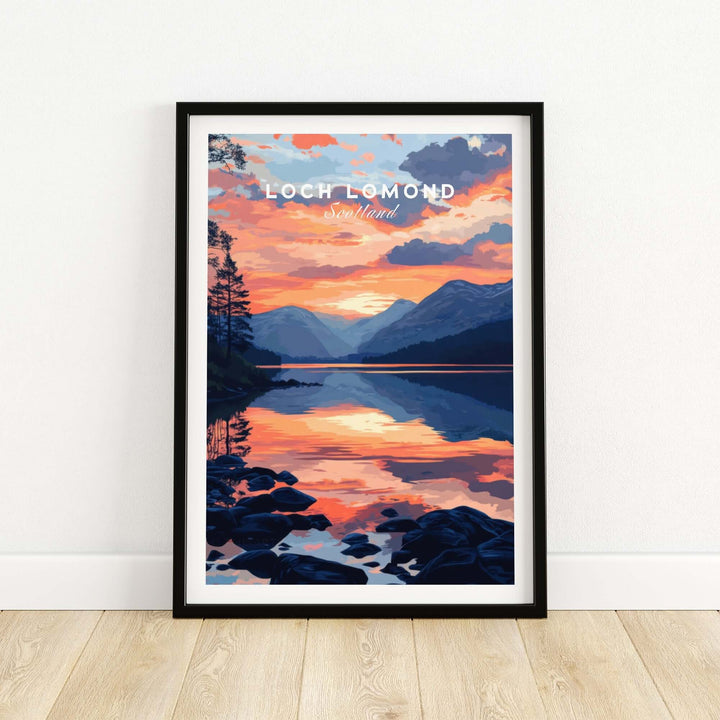 Loch Lomond wall art featuring a vibrant sunset reflection on serene waters and mountains in Scotland.