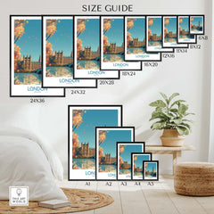 Size guide for London Big Ben wall art, showcasing various frame sizes in a stylish living room setting.