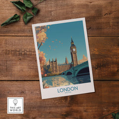 London Big Ben wall art print showcasing vibrant colors and modern design on a rustic wooden background.