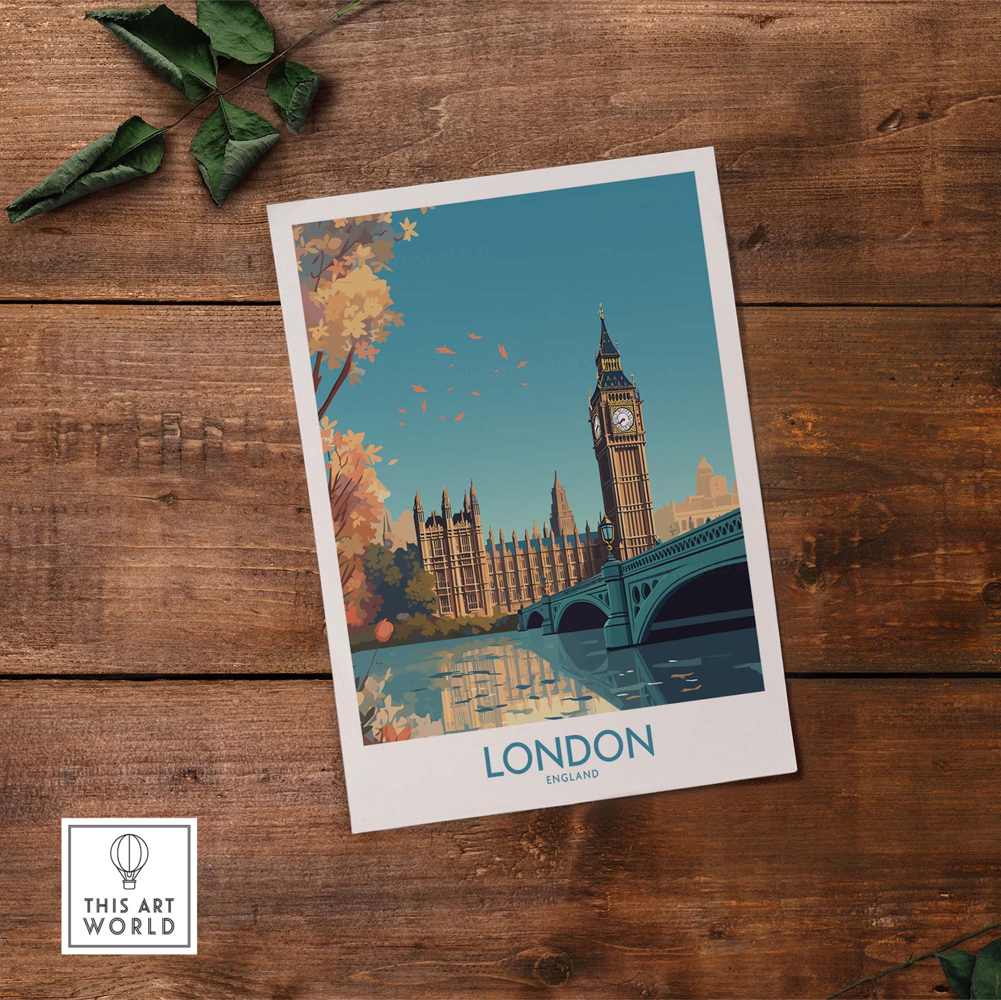 London Big Ben wall art print showcasing vibrant colors and modern design on a rustic wooden background.