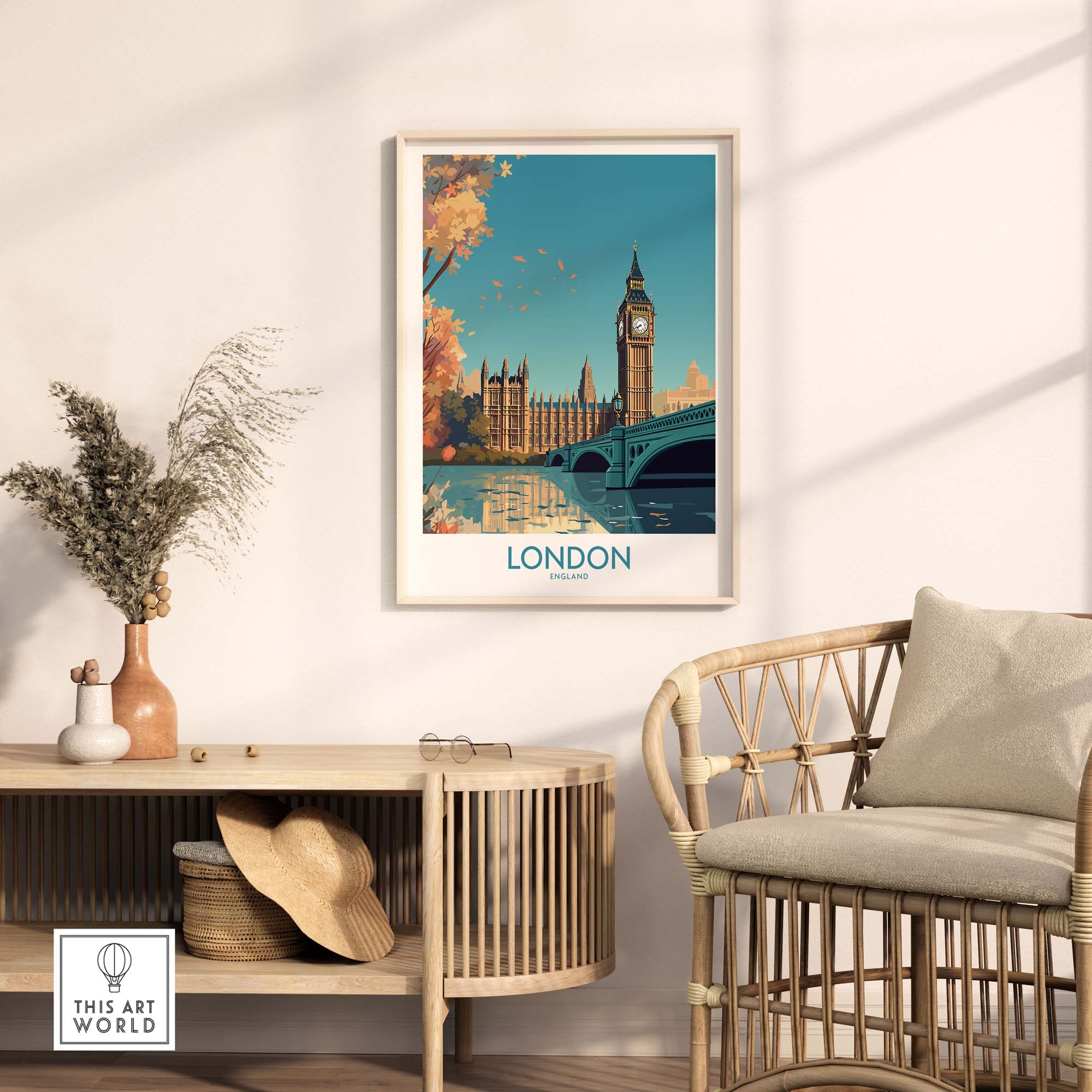 London Big Ben wall art poster in modern decor setting, featuring vibrant colors and clarity for stylish home decor.