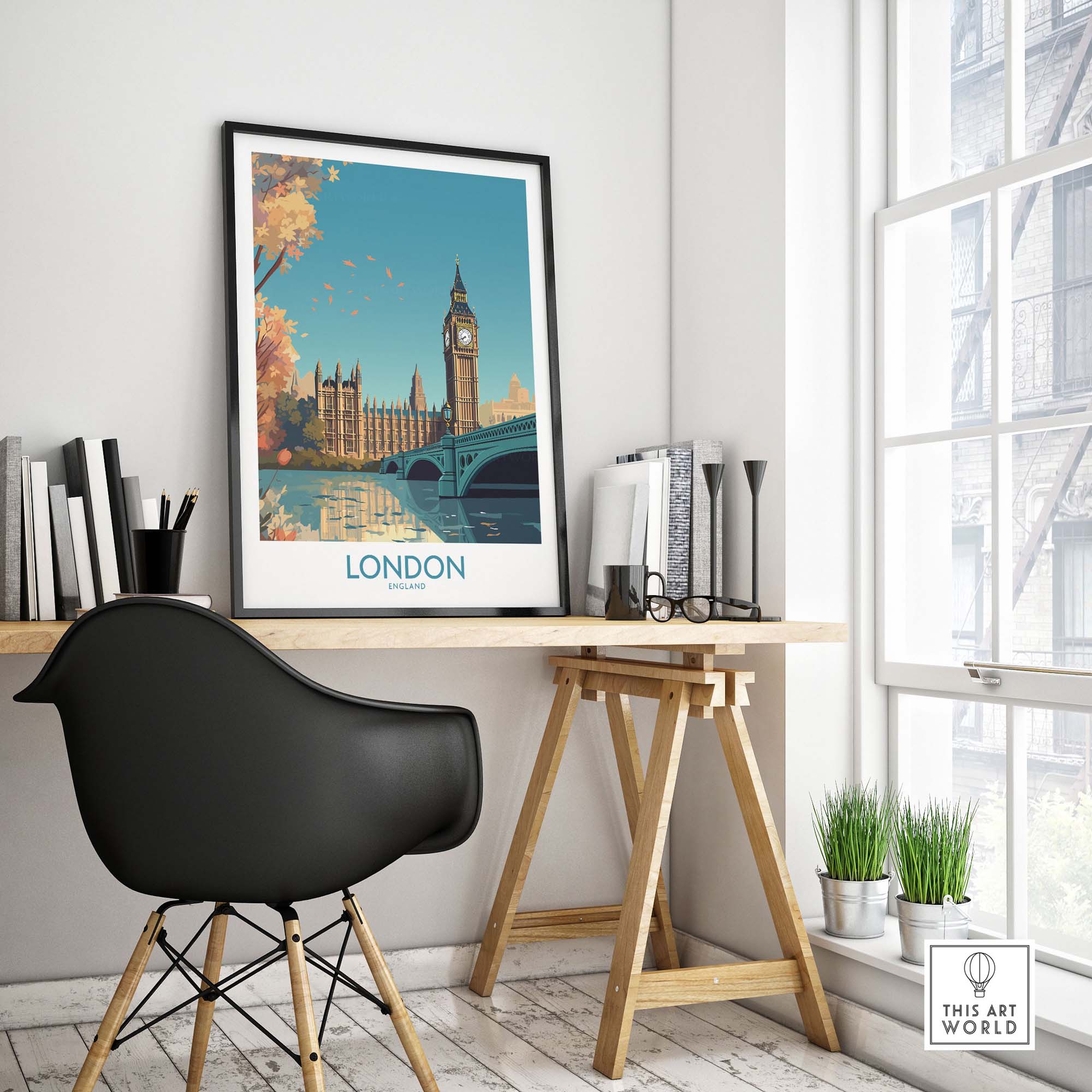 London Big Ben wall art poster in modern decor setting, showcasing vibrant colors and stylish design for home aesthetics.