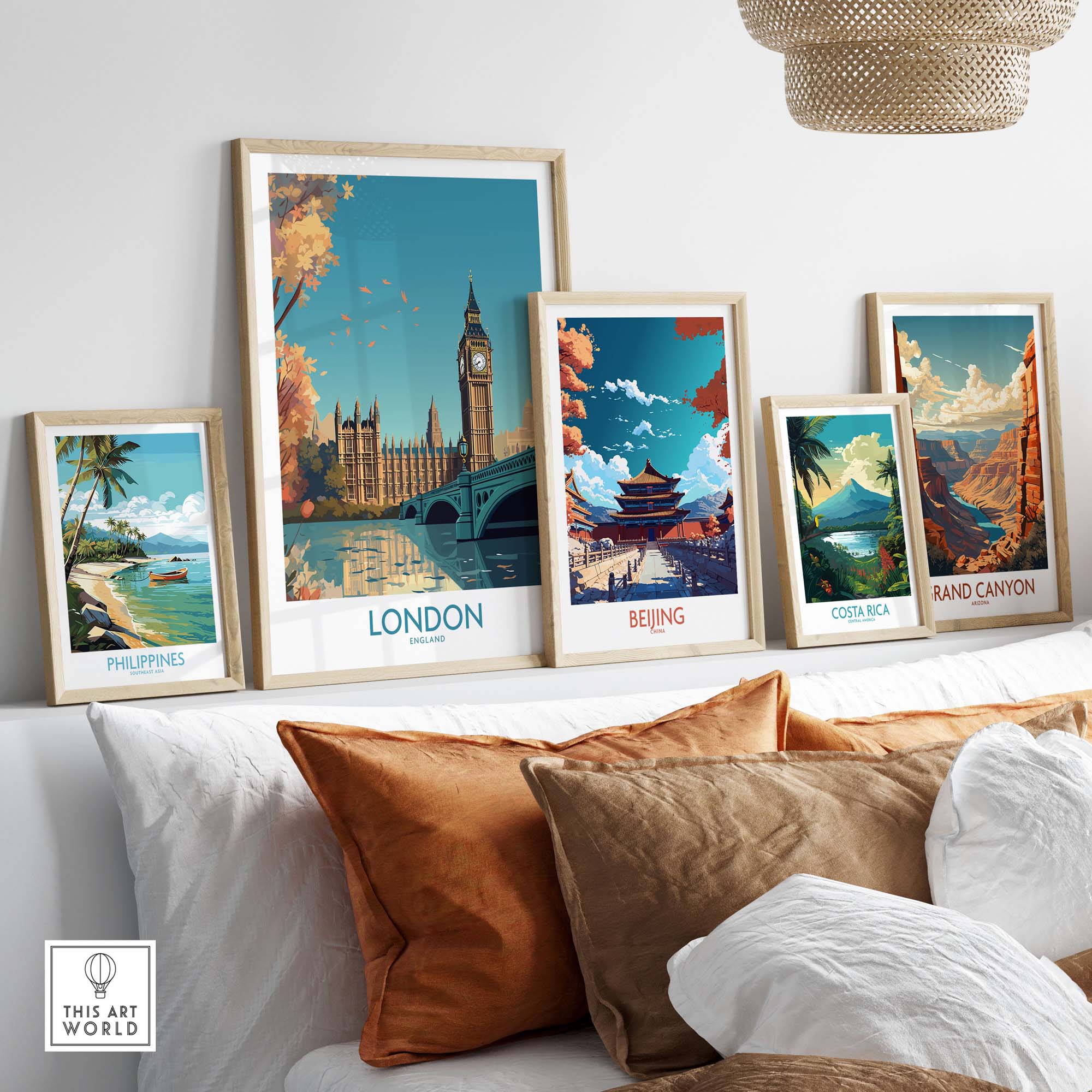 London Big Ben wall art among framed travel posters showcasing vibrant scenes from various destinations.