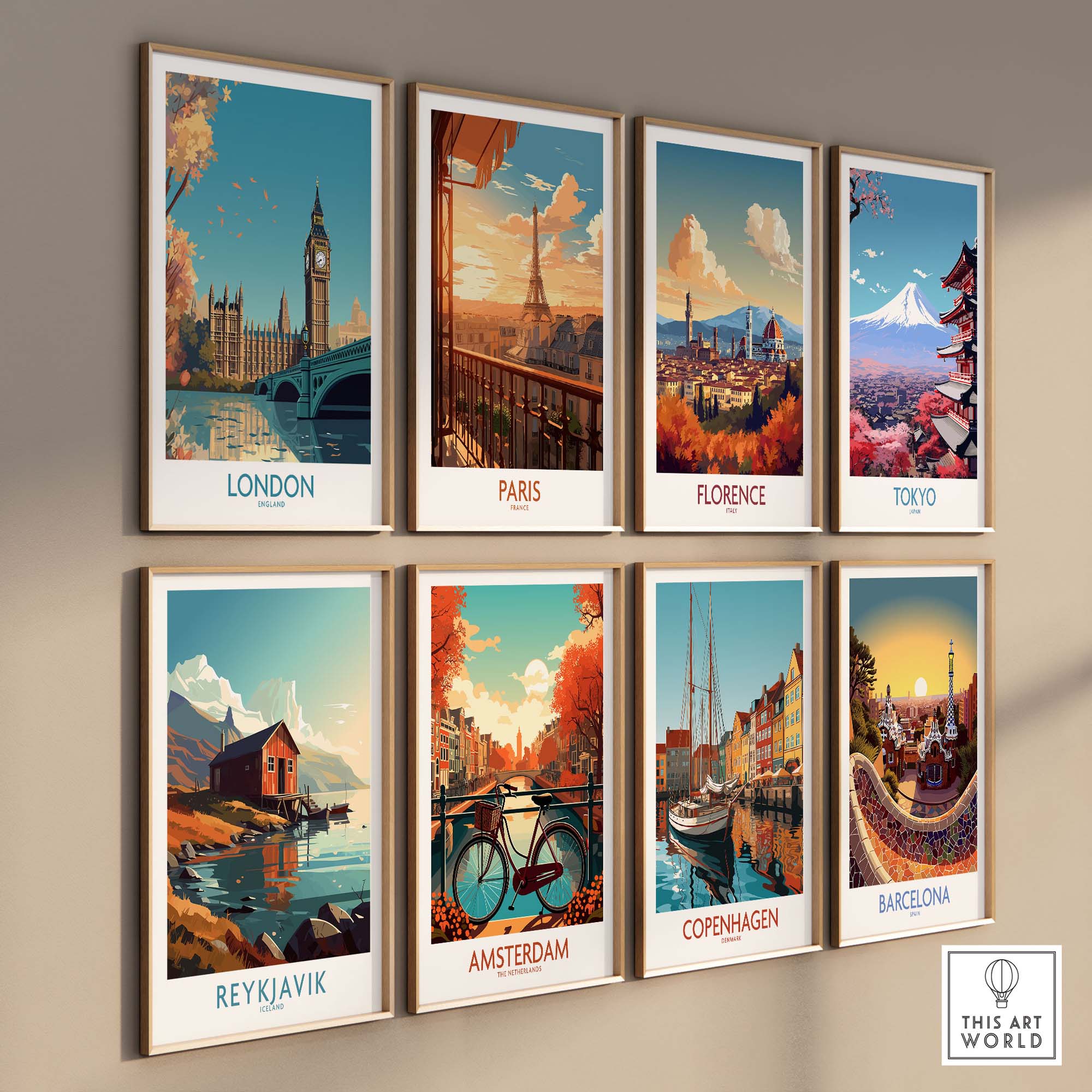 Colorful travel art prints featuring iconic landmarks from London, Paris, Florence, Tokyo, Reykjavik, Amsterdam, Copenhagen, and Barcelona.