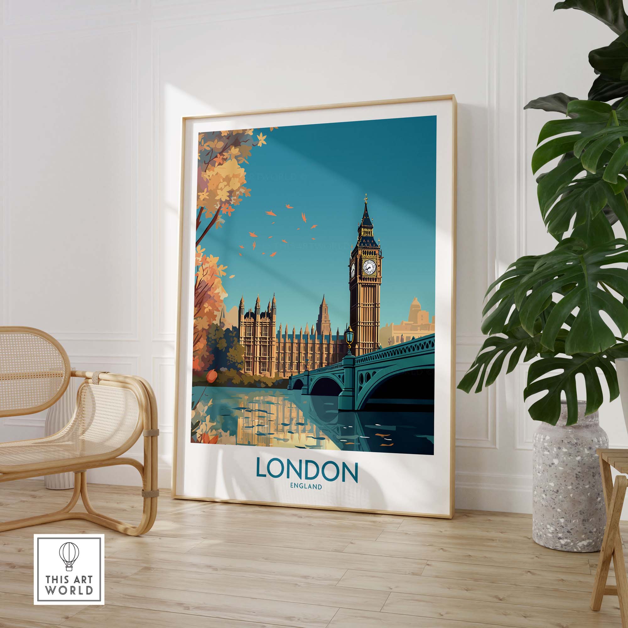 London Big Ben wall art in modern style with vibrant colors, framed in a chic interior setting, perfect for home decor.
