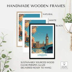 Handmade wooden frames for London Big Ben art prints in natural, white, and black finishes, ready to hang.