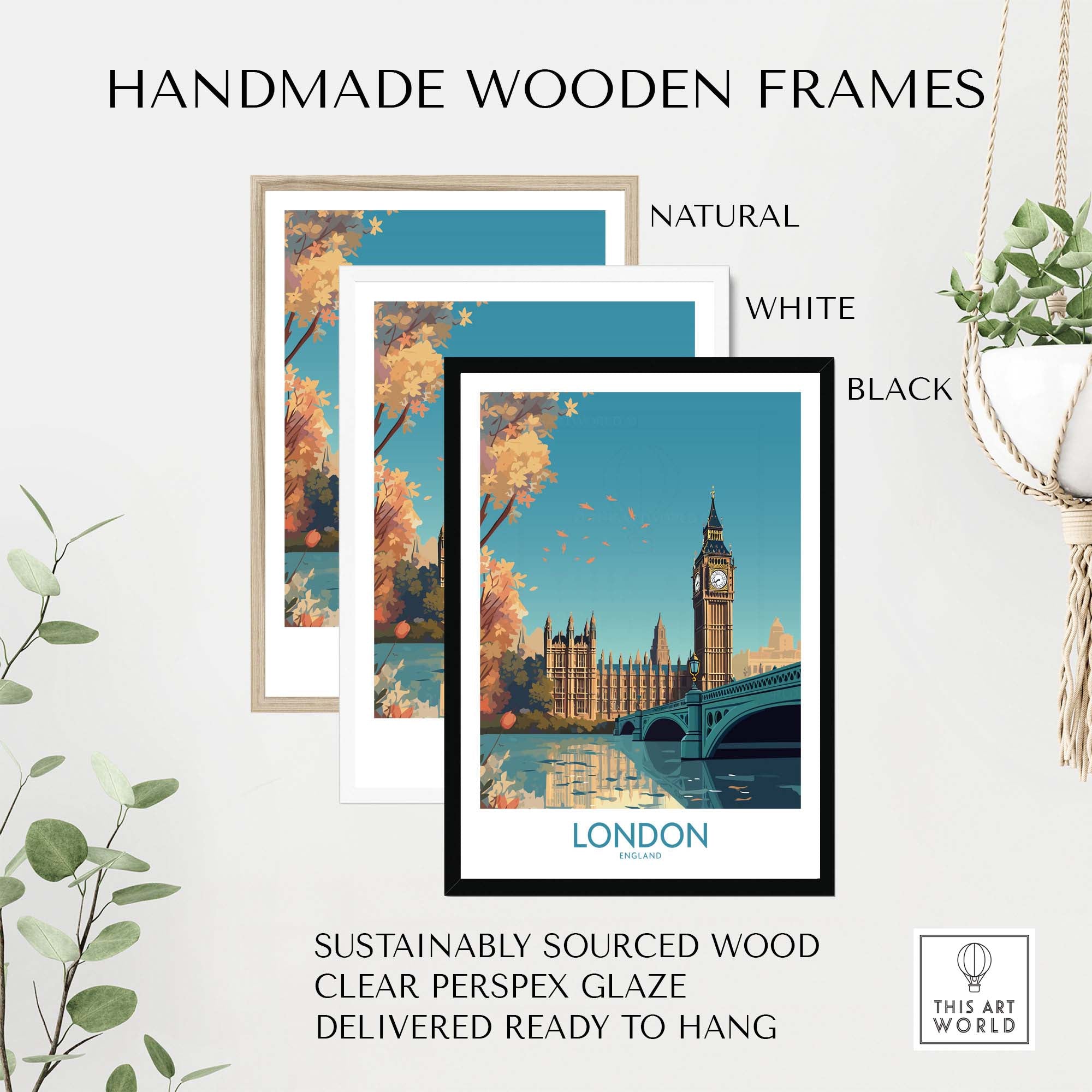 Handmade wooden frames for London Big Ben art prints in natural, white, and black finishes, ready to hang.