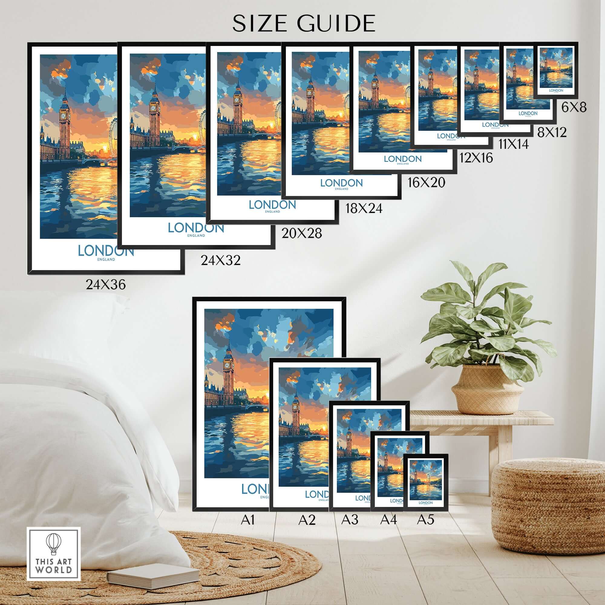 London England Print | River Thames Wall Art Poster size guide featuring various frame sizes in a stylish living room setting.