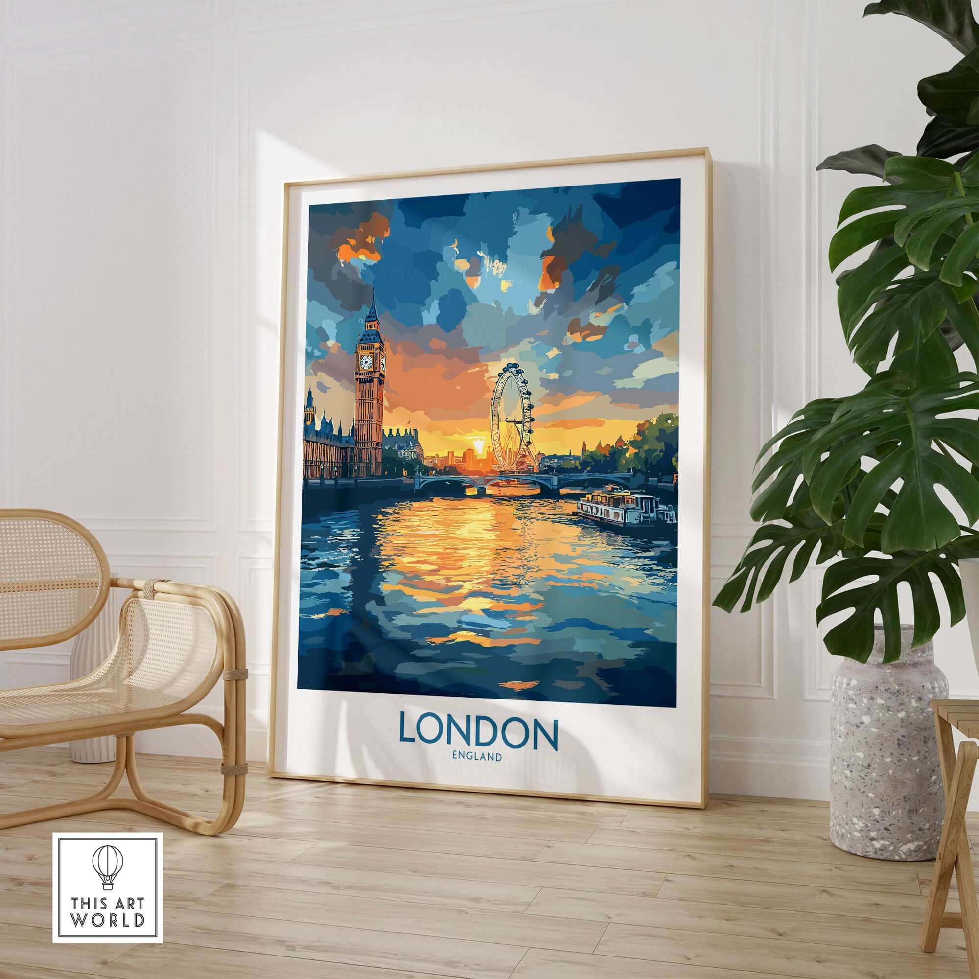 London England Print | River Thames Wall Art Poster featuring sunset reflections and iconic landmarks.