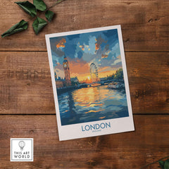 London England Print | River Thames Wall Art Poster featuring iconic landmarks and vibrant sunset reflections.