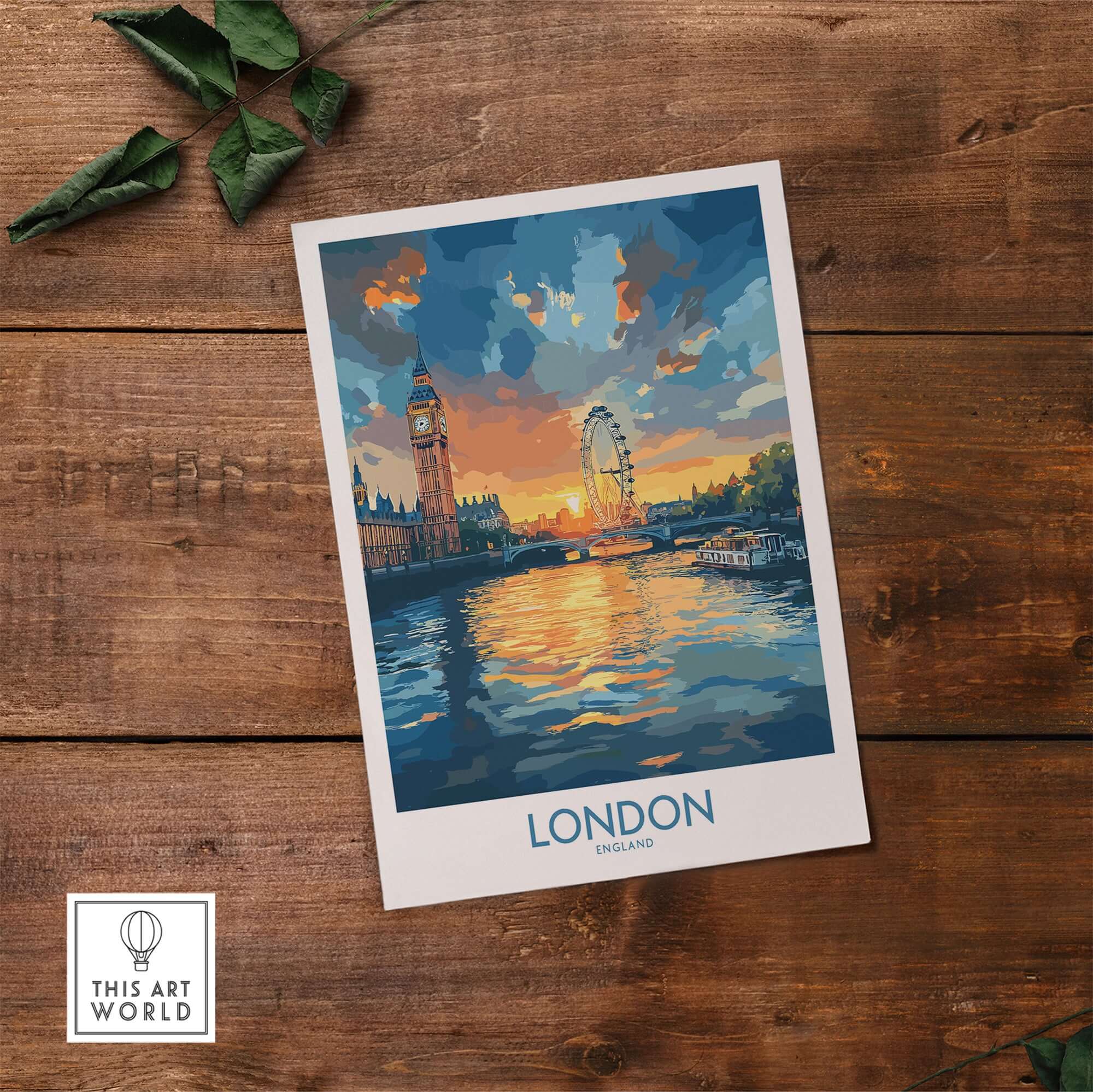 London England Print | River Thames Wall Art Poster featuring iconic landmarks and vibrant sunset reflections.