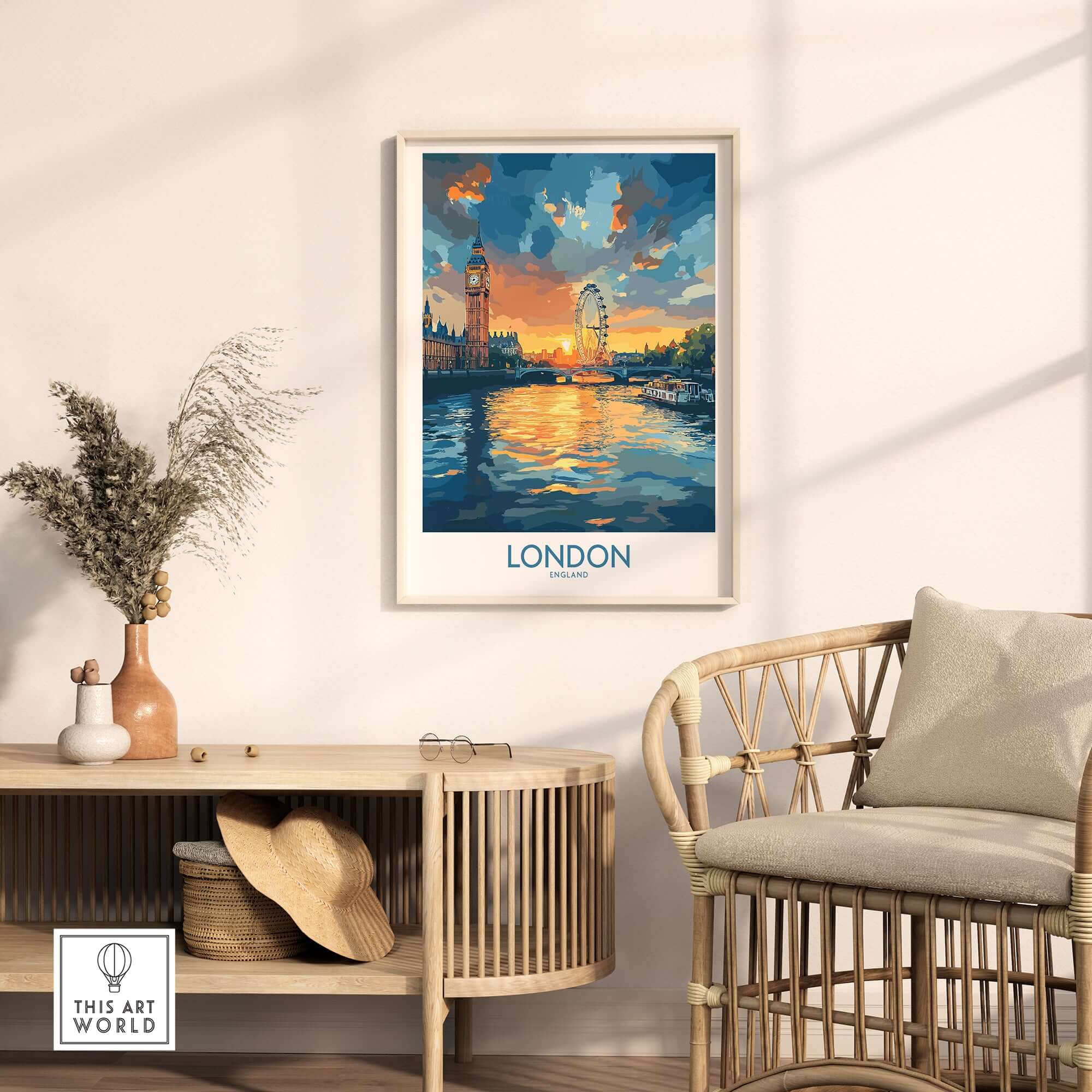 London England Print | River Thames Wall Art Poster showcasing the River Thames and iconic London landmarks.