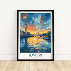 London England Print | River Thames Wall Art Poster featuring Big Ben and the London Eye at sunset.