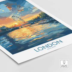 London England Print | River Thames Wall Art Poster featuring vibrant reflections at sunset.