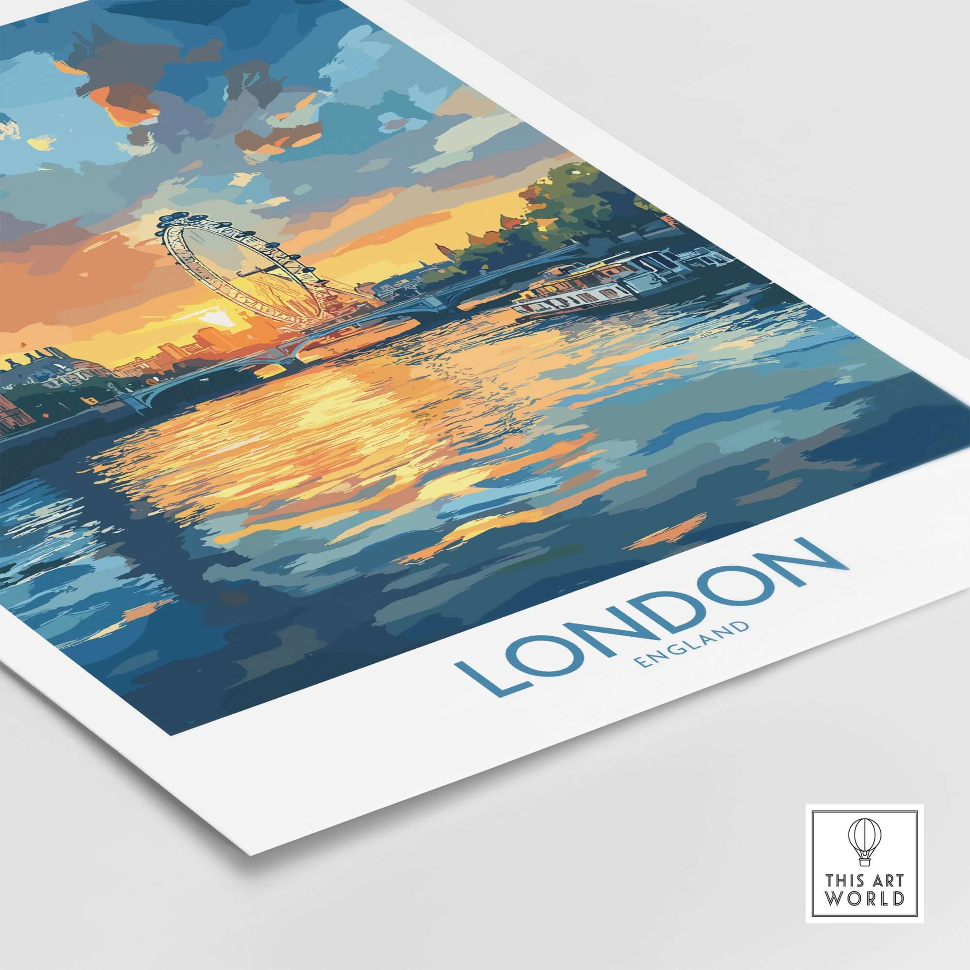 London England Print | River Thames Wall Art Poster featuring vibrant reflections at sunset.