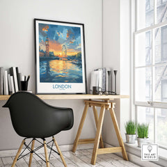 London England Print | River Thames Wall Art Poster showcasing iconic landmarks in a stylish interior setting.