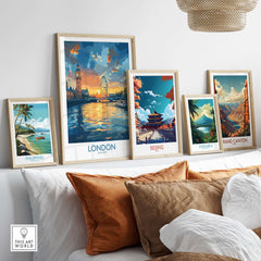 London England Print | River Thames Wall Art Poster displayed with other travel-themed art prints on a stylish wall.